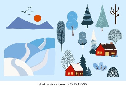 Winter element object with pine tree,house,mountain, sun for seasonal holiday decoration