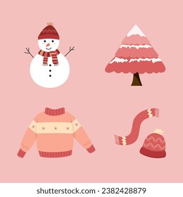 Winter element set for christmast and new year decoration. Snowman for children. Flat vector illustration.