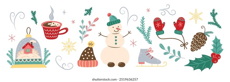 Conjunto de elementos de inverno. Elemento isolado para design de cartões, padrões, banners. Natal e Ano Novo. Ilustração vetorial.