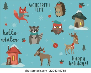 Winter element set on a blue background. cute fun animals, own, deer, fox, elk, racoon, fairytale hous,  calligraphy quotes. Perfect for scrapbooking, greeting card, stickers.  vector illustration