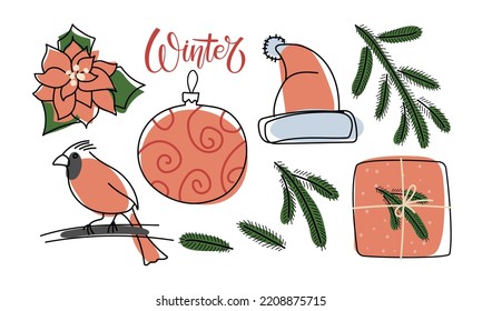 Winter element set. Vector hand drawn winter Freehand linear elements with bullfinch, Christmas tree ball, Santa cap, gift box, plant. Seasonal doodle. Traditional Winter, New year, Christmas symbol