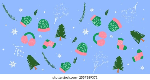 Winter elements with blue background. Pink green pine tree, mittens, sock, hat, earmuffs, leaves and frozen branch. Seamless pattern for cozy winter theme.