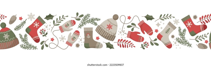 Diseño de borde de elementos de invierno. С banner elegante y acogedor. Fondo vectorial con calcetines de lana, sombrero, mitones, follaje del bosque invernal, copos de nieve y estrellas