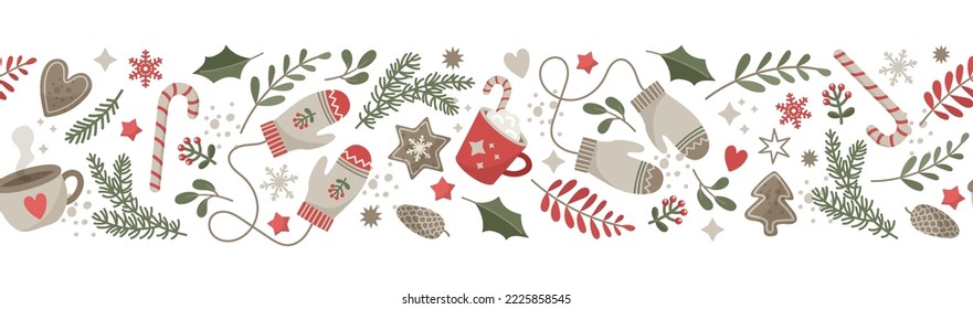 Winter elements border design. Сute and cozy seamless banner. Vector background with woolen mittens,  tea mug, coffee cup, gingerbread, winter forest foliage, snowflakes and stars