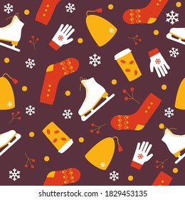 Winter elements for Christmas fabrics and decor. Ice skating, socks and coffee. Seamless pattern.