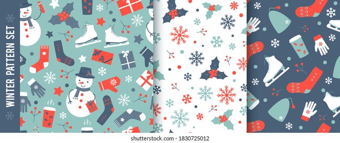 Winter elements for Christmas fabrics and decor. Snowman and socks. Seamless pattern set.
