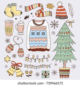 Winter elements and Christmas illustrations. Cozy winter drawings