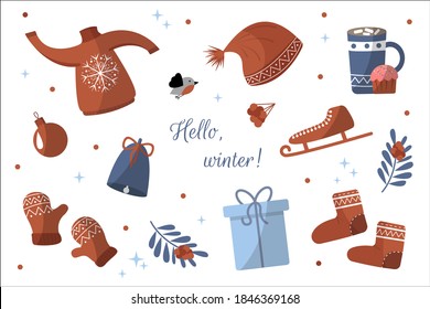 Elementos de invierno. Señales de Navidad. Establecer. Suéter, cacao, mitones, botas, campanas, patines, bola de Navidad, regalo, bullfinge
