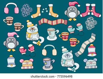 Winter elements. Cute seasonal collection of stickers. New year decoration. Vector illustration doodle set