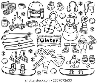 Winter elements hand drawn. A set of winter vector illustrations in doodle line art