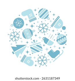 Winter Elements Icons in Circle Shape. Geometric Style. Round Frame. Christmas Ball, Snowflake, Hat, Glove, Skates. Merry Christmas, Happy New Year Design. Greeting Card Template. Vector in Blue White