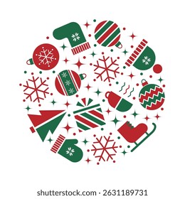 Winter Elements Icons in Circle Shape. Geometric Style. Round Frame. Christmas Ball, Snowflake, Hat, Glove, Skates. Merry Christmas, Happy New Year Design. Greeting Card. Vector in Green, Red, White