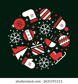 Winter Elements Icons in Circle Shape. Geometric Style. Round Frame. Christmas Ball, Snowflake, Hat, Glove, Skates. Merry Christmas, Happy New Year Design. Greeting Card. Vector in Red, White on Black
