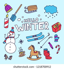 Winter Elements Icons Drawn by Hand in Cartoon Doodle Style