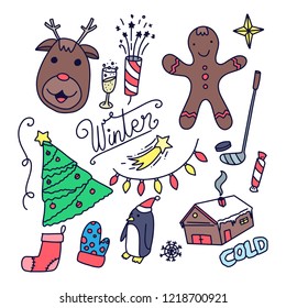 Winter Elements Icons Drawn by Hand in Cartoon Doodle Style
