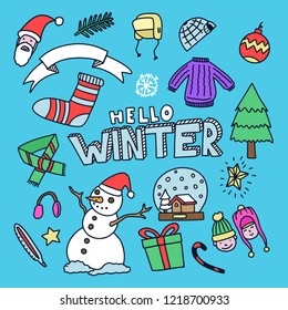 Winter Elements Icons Drawn by Hand in Cartoon Doodle Style