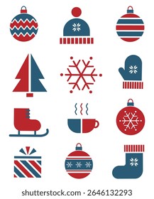Winter Elements Icons Set. Geometric Style. Holiday Greeting Card Template. Merry Christmas, Happy New Year Design. Christmas Ball, Snowflake, Hat, Glove, Skates, Gift. Vector in Blue, Red, White