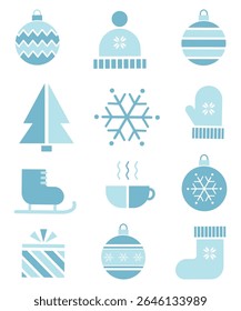 Winter Elements Icons Set. Geometric Style. Holiday Greeting Card Template. Merry Christmas, Happy New Year Design. Christmas Ball, Snowflake, Hat, Glove, Skates, Gift, Cup. Vector in Blue, White