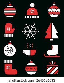 Winter Elements Icons Set. Geometric Style. Holiday Greeting Card Template. Merry Christmas, Happy New Year Design. Christmas Ball, Snowflake, Hat, Glove, Skates, Gift, Cup. Vector in Red, White,Black