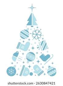 Winter Elements Icons in Shape of Christmas Tree. Holiday Banner. Merry Christmas, Happy New Year Design. Greeting Card Template. Christmas Ball, Snowflake, Hat, Glove, Skates. Vector in Blue, White