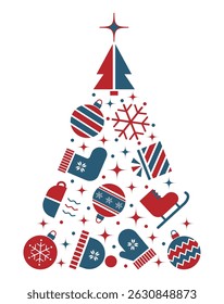 Winter Elements Icons in Shape of Christmas Tree. Holiday Greeting Card Template. Merry Christmas, Happy New Year Design. Christmas Ball, Snowflake, Hat, Glove, Skates, Gift. Vector in Blue, Red,White