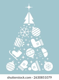 Winter Elements Icons in Shape of Christmas Tree. Holiday Greeting Card Template. Merry Christmas, Happy New Year Design. Christmas Ball, Snowflake, Hat, Glove, Skates, Gift. Vector in Blue, White