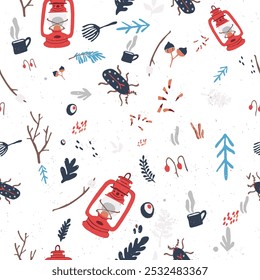 winter elements insects leaf lantern wallpaper background seamless pattern for textile, fabric, clothing print vector graphic artwork