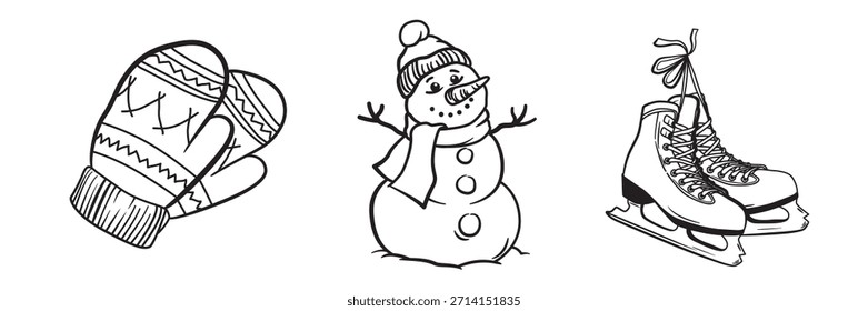Winter elements - knitted mittens, snowman and ice skates. Sketch Vector illustration isolated on white background
