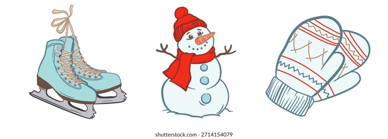 Winter elements - knitted mittens, snowman in a red scarf and hat,  classic ice skates. Sketch Vector illustration isolated on white background