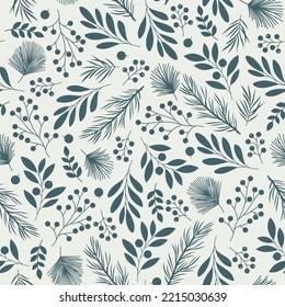 Winter elements minimalist seamless pattern. Branches and berries in a forest. Christmas wrapping paper. Vector illustration.