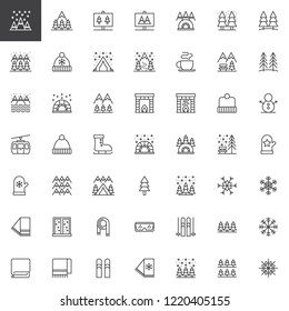 Winter elements outline icons set. linear style symbols collection line signs pack. vector graphics. Set includes icons as Snowy Mountain Peaks, Pine trees forest, winter hat, Cable car, Igloo, Mitten