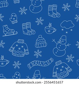 Winter elements seamless pattern background with blue outline contour doodle drawings vector texture. Textile fabric print. Gift wrapping paper.Repeating tile. Design template. 