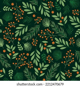 Winter elements seamless pattern. Branches and berries in a forest. Christmas wrapping paper. Vector illustration.