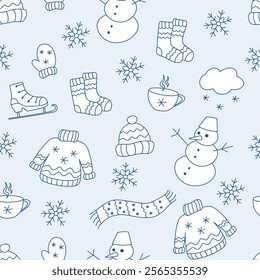 Winter elements seamless pattern with white outline contour doodle drawings on blue background vector texture. Textile fabric print. Gift wrapping paper.Repeating tile. Design template. 