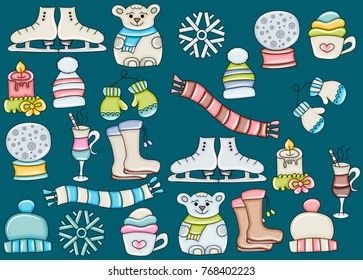 Winter elements seasonal collection of items. New year decoration. Vector illustration doodle stickers.