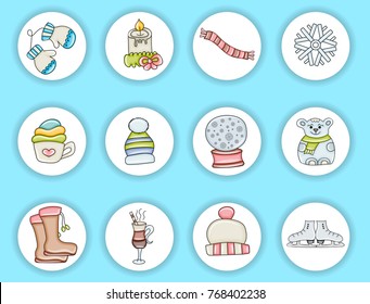 Winter elements seasonal collection of items. New year decoration. Vector illustration doodle stickers.