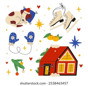 Winter elements set. Illustration for Christmas time. Cozy house, sleeping dog, skates. Colored flat illustration isolated on white background.