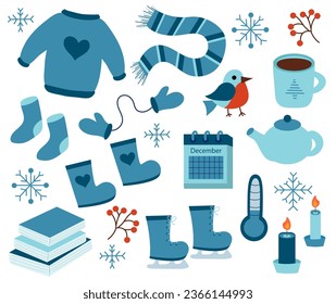 Winter elements set. Sweater, socks, boots, scarf, mittens, skates. Teapot and cup. Calendar December. Bird bullfinch. Snowflakes. Candles and books. Vector flat illustration.