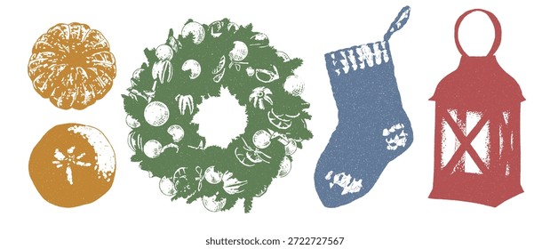 Conjunto de elementos de inverno: tangerinas, coroa de Natal, meia de malha, lanterna. Design de toalha