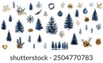 Winter elements in wet blue water color painting. pine tree, acorn, christmas, spruce and twigs vector. isolated white background.