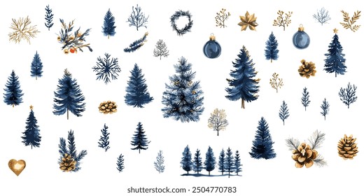 Winter elements in wet blue water color painting. pine tree, acorn, christmas, spruce and twigs vector. isolated white background.