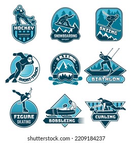 Winter emblems. Sport seasonal active fitness games snowboarding ski biathlon bobsleigh recent vector healthy activity