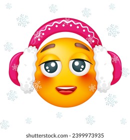 Winter emoji in pink earmuffs on white background. Smiling yellow blushed face. Happy. Cute emoticon