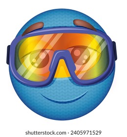 Winter emoji skier in blue knitted balaclava, winter ski face mask on white background. Smiling yellow face in snow goggles. Happy. Cute emoticon