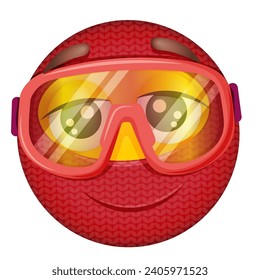 Winter emoji skier in red knitted balaclava, winter ski face mask on white background. Smiling yellow face in snow goggles. Happy. Cute emoticon