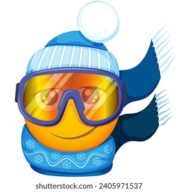 Winter emoji skier in warm blue hat  and scarf on white background. Smiling yellow face in snow goggles. Happy. Cute emoticon