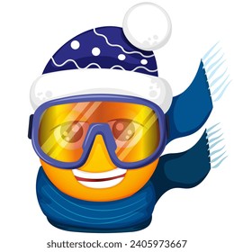 Winter emoji skier in warm blue hat  and scarf on white background. Smiling yellow face in snow goggles. Happy. Cute emoticon