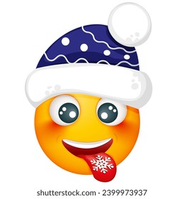 Winter emoji in warm blue hat on white background. Smiling yellow blushed face. Happy. Cute emoticon