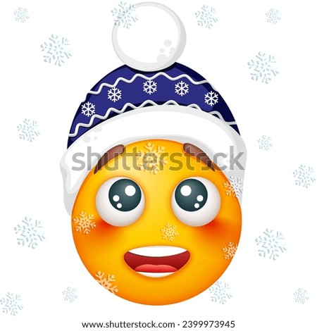 Winter emoji in warm blue hat on white background. Smiling yellow blushed face. Happy. Cute emoticon
