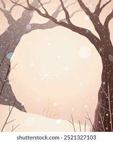 Winter empty background, frozen cold forest with trees and branches. Forest in snow, Christmas or New Year nature scenery, landscape in December. Vector illustration in watercolor style.